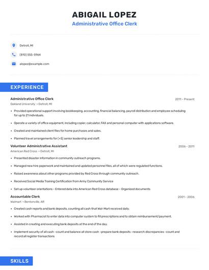 Administrative Office Clerk Resume