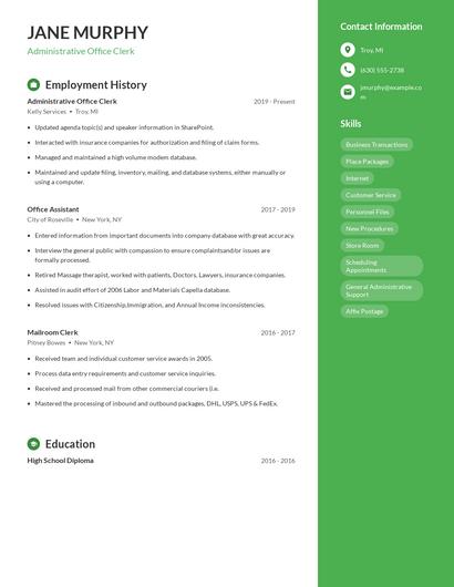 Administrative Office Clerk Resume
