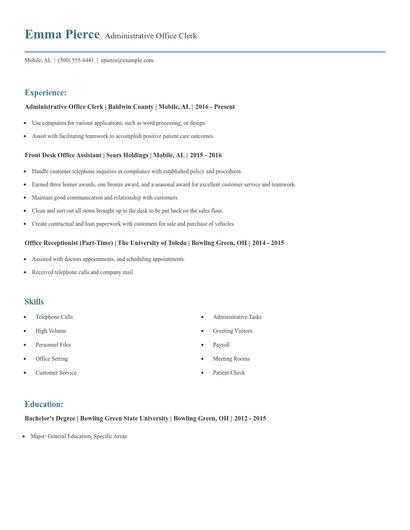 Administrative Office Clerk Resume