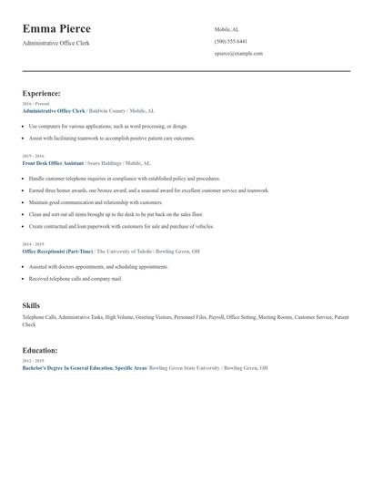 Administrative Office Clerk Resume
