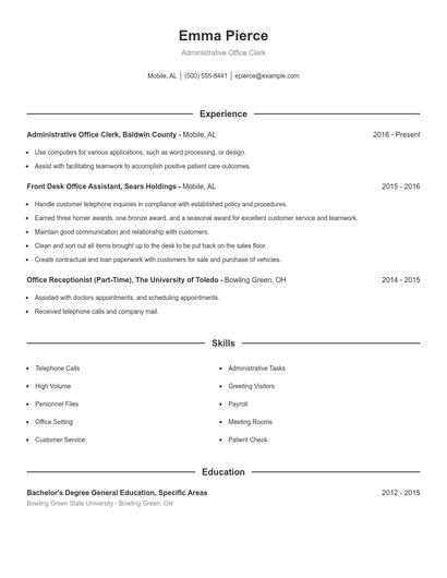 Administrative Office Clerk Resume