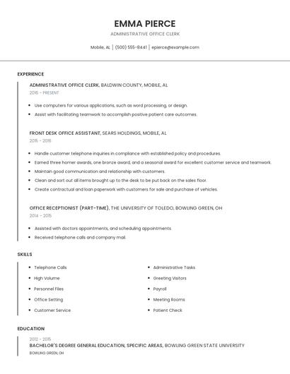 Administrative Office Clerk Resume