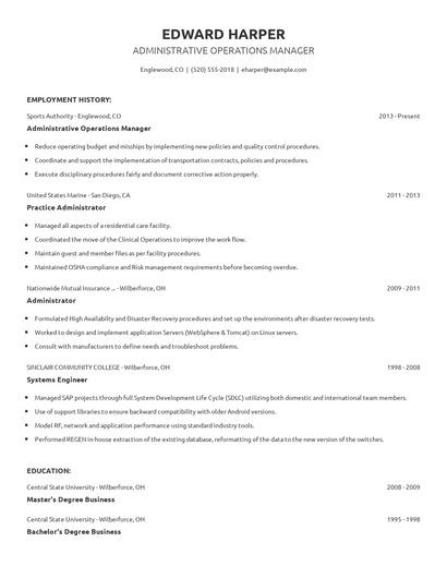 Administrative Operations Manager Resume