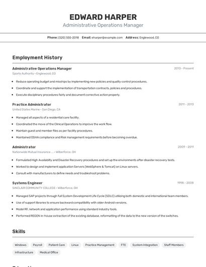 Administrative Operations Manager Resume