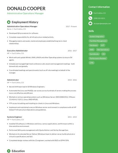 Administrative Operations Manager Resume