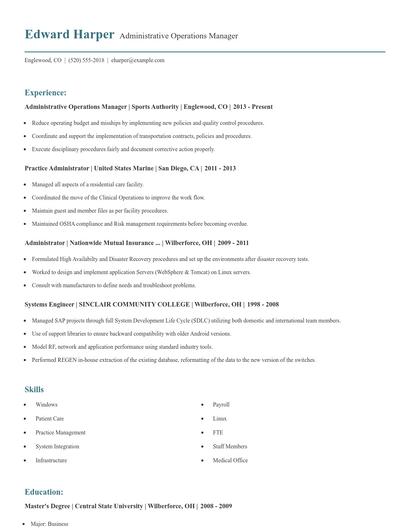Administrative Operations Manager Resume