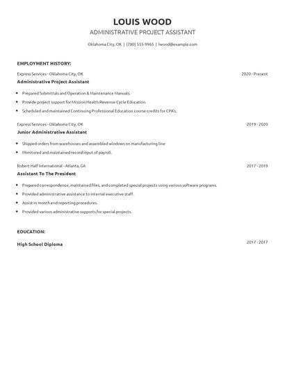 Administrative Project Assistant Resume
