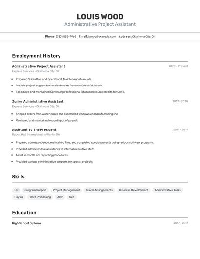 Administrative Project Assistant Resume