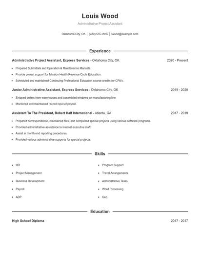 Administrative Project Assistant Resume