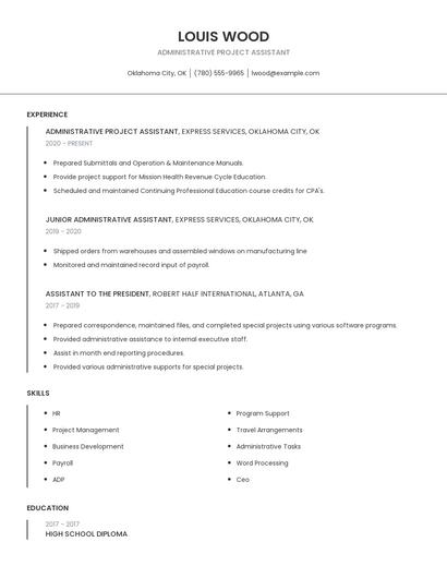Administrative Project Assistant Resume
