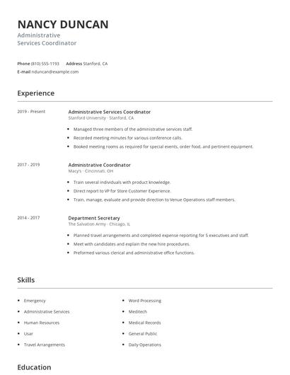 Administrative Services Coordinator Resume