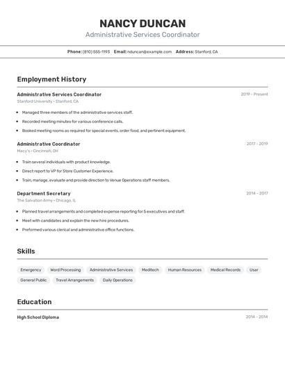 Administrative Services Coordinator Resume