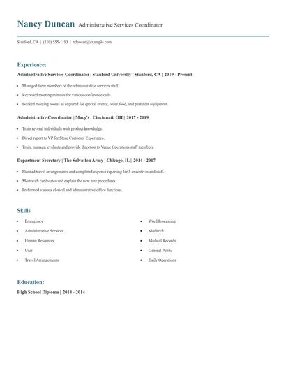 Administrative Services Coordinator Resume