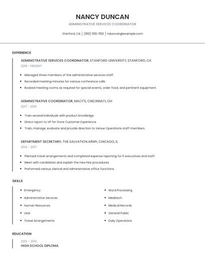 Administrative Services Coordinator Resume