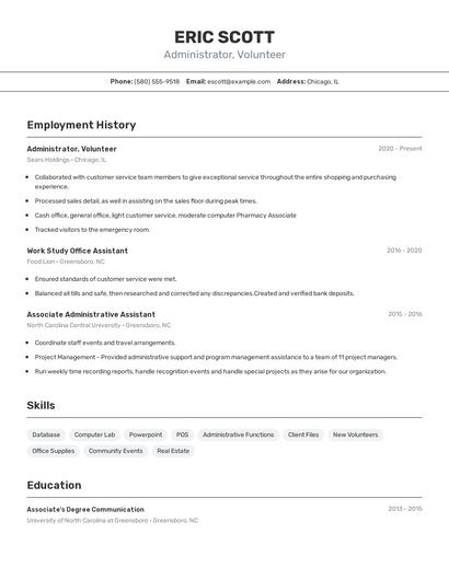Administrator, Volunteer Resume