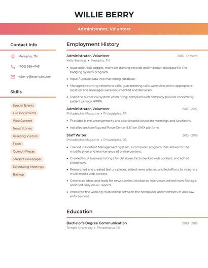 Administrator, Volunteer Resume