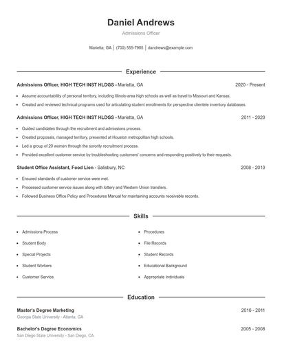 Admissions Officer Resume