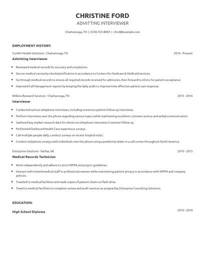 Admitting Interviewer Resume