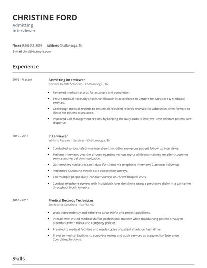 Admitting Interviewer Resume