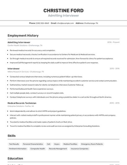 Admitting Interviewer Resume