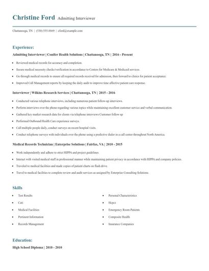 Admitting Interviewer Resume
