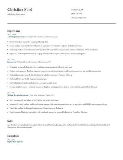 Admitting Interviewer Resume