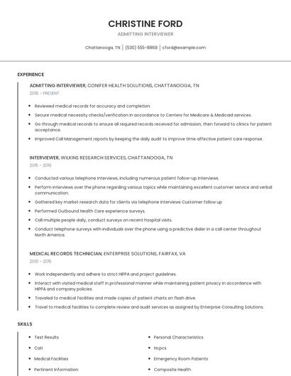 Admitting Interviewer Resume
