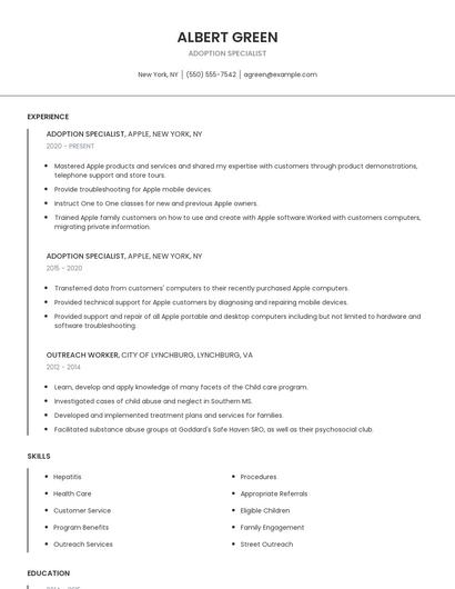 Adoption Specialist Resume