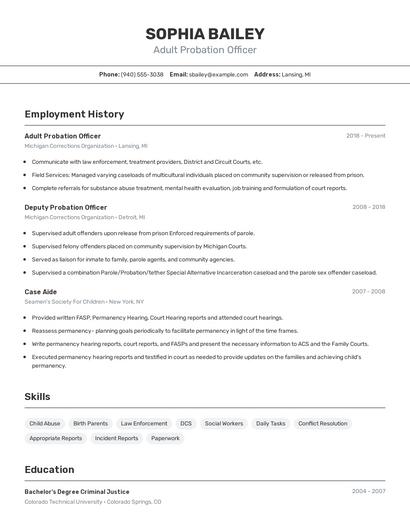 Adult Probation Officer Resume