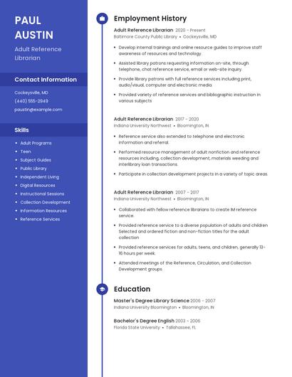 Adult Reference Librarian Resume