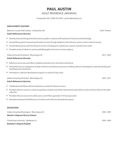 Adult Reference Librarian Resume