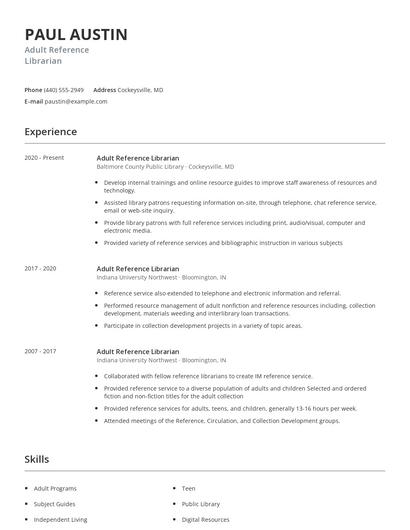 Adult Reference Librarian Resume