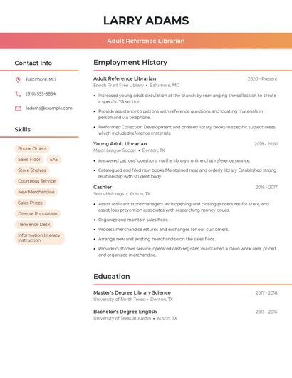Adult Reference Librarian Resume