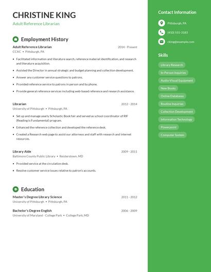 Adult Reference Librarian Resume