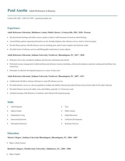Adult Reference Librarian Resume