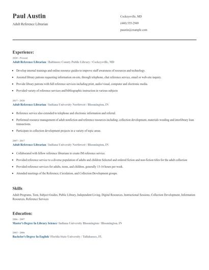 Adult Reference Librarian Resume