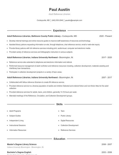 Adult Reference Librarian Resume