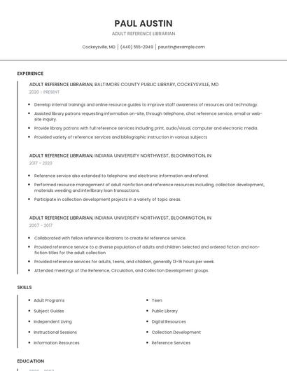 Adult Reference Librarian Resume