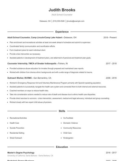 Adult School Counselor Resume