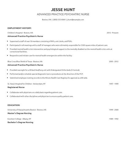 Advanced Practice Psychiatric Nurse Resume