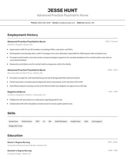 Advanced Practice Psychiatric Nurse Resume