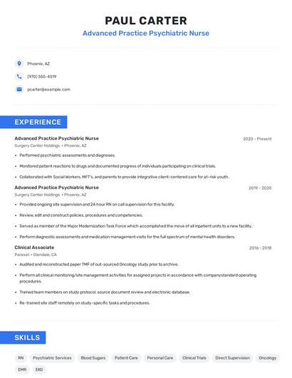 Advanced Practice Psychiatric Nurse Resume