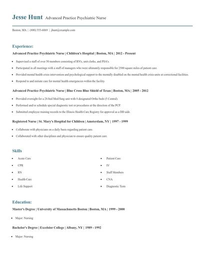 Advanced Practice Psychiatric Nurse Resume