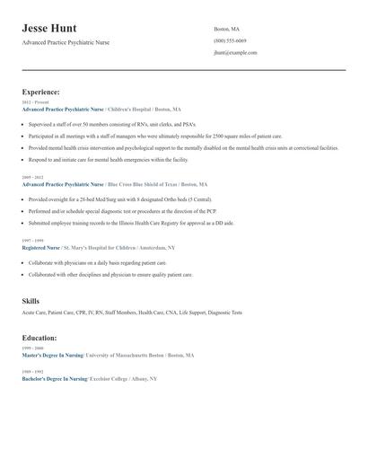 Advanced Practice Psychiatric Nurse Resume