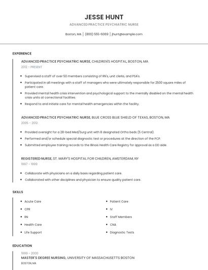 Advanced Practice Psychiatric Nurse Resume