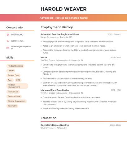 Advanced Practice Registered Nurse Resume
