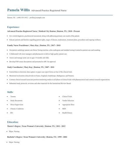 Advanced Practice Registered Nurse Resume