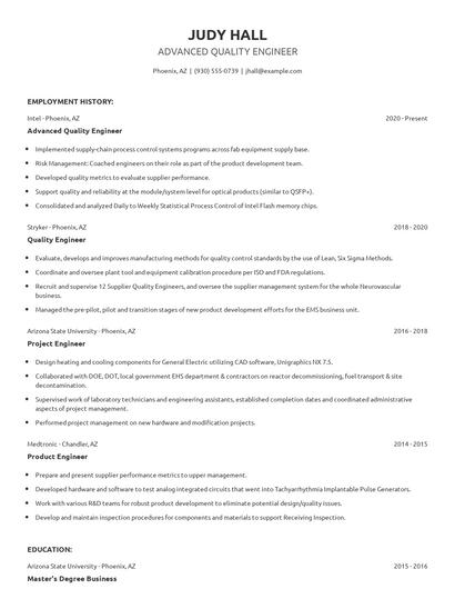 Advanced Quality Engineer Resume