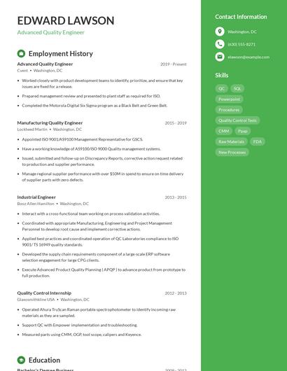 Advanced Quality Engineer Resume