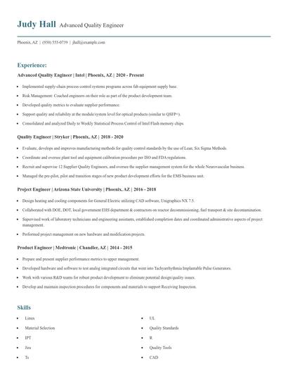 Advanced Quality Engineer Resume
